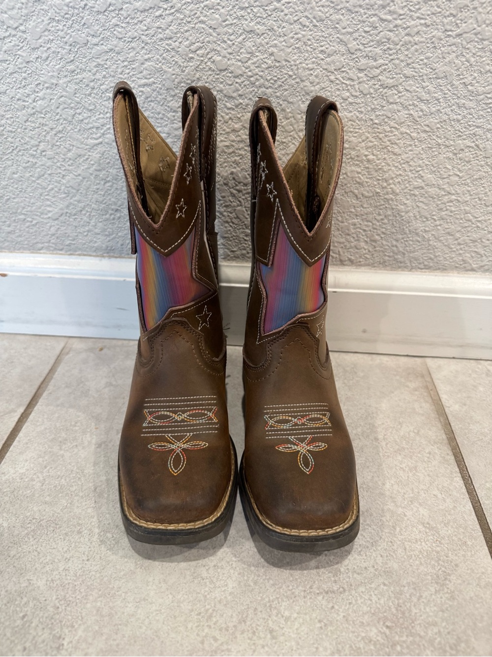 Shyanne Brown Leather Kids Western Boots with Rainbow Inset